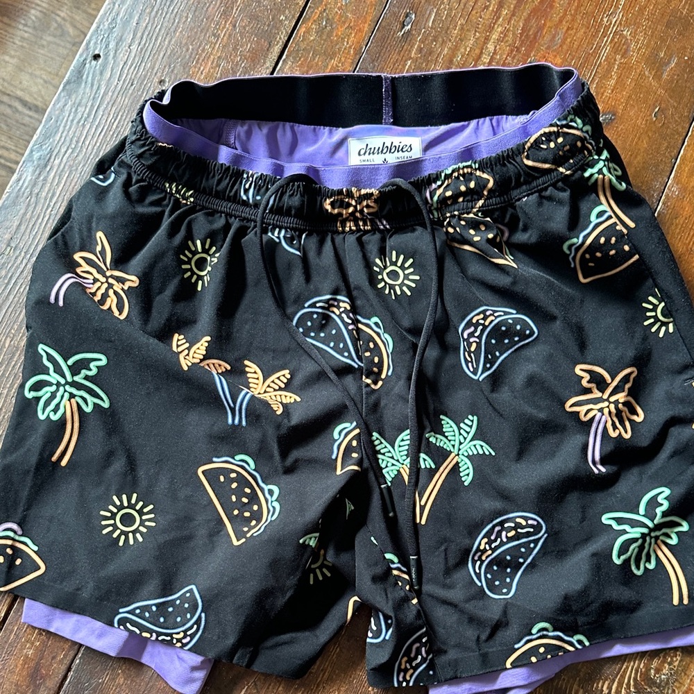 Chubbies Black Swim Shorts with Neon Taco & Palm Print